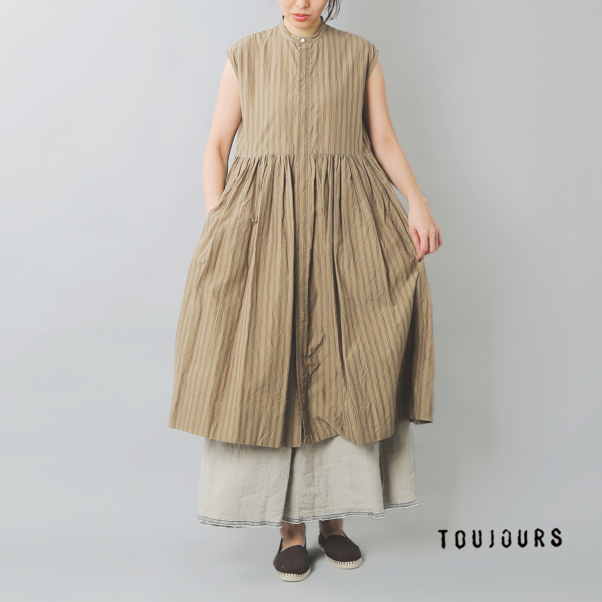 Toujours トゥジュー ハイカウントコットンシルクスリーブレスバンドカラードレス Tm32fd02 Iroma Aranciato