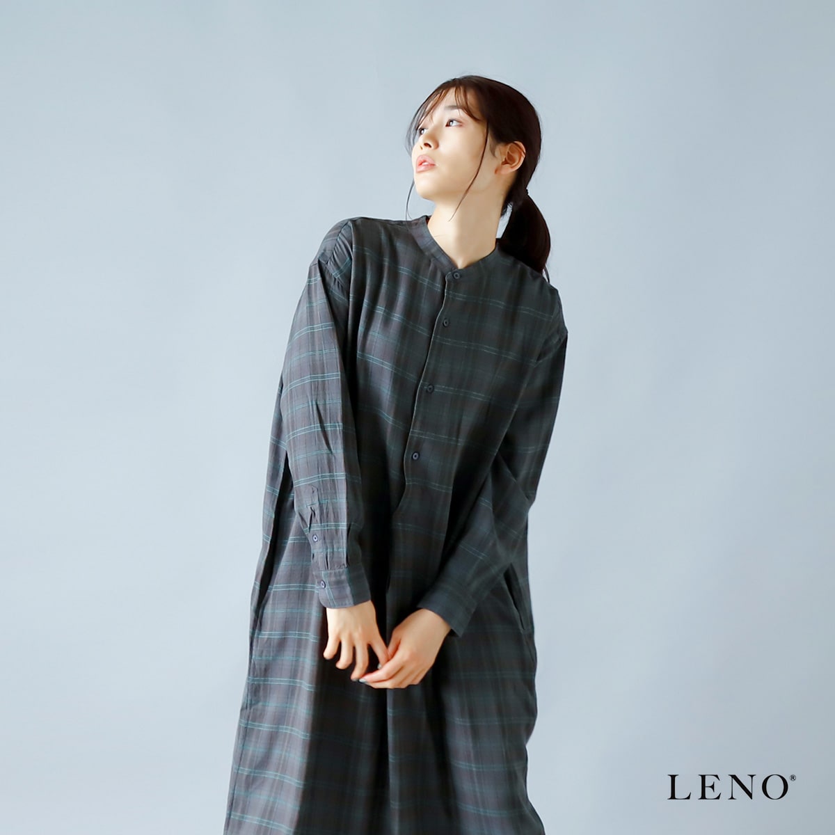 リノBAND COLLAR PULLOVER DRESS ロングシャツワンピース LENO (リノ) BAND COLLAR PULLOVER DRESS / バンドカラープル