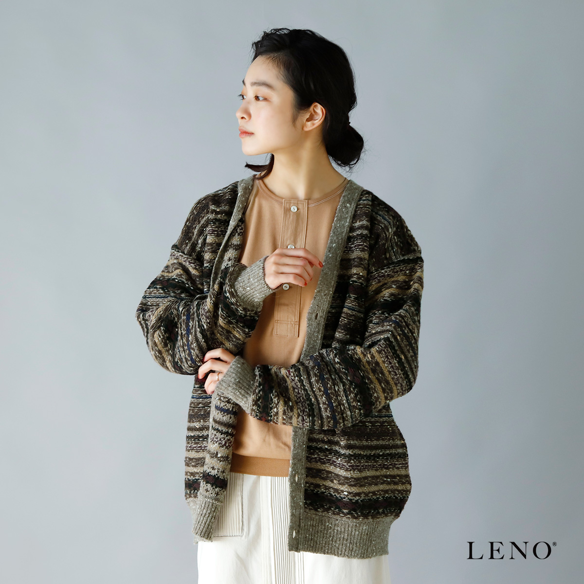 Leno リノ ジャガードマルチボーダーニットカーディガン Leno K005 Iroma Aranciato