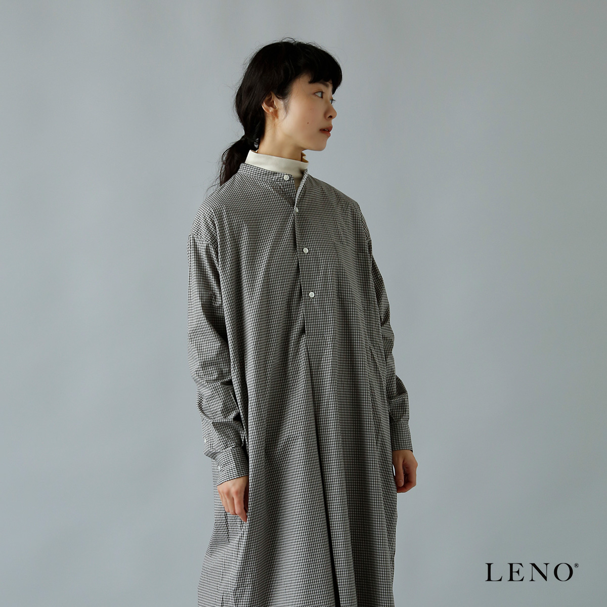 LENO(リノ)コットン バンドカラー ギンガムチェック プルオーバー ドレス l2202-dr003