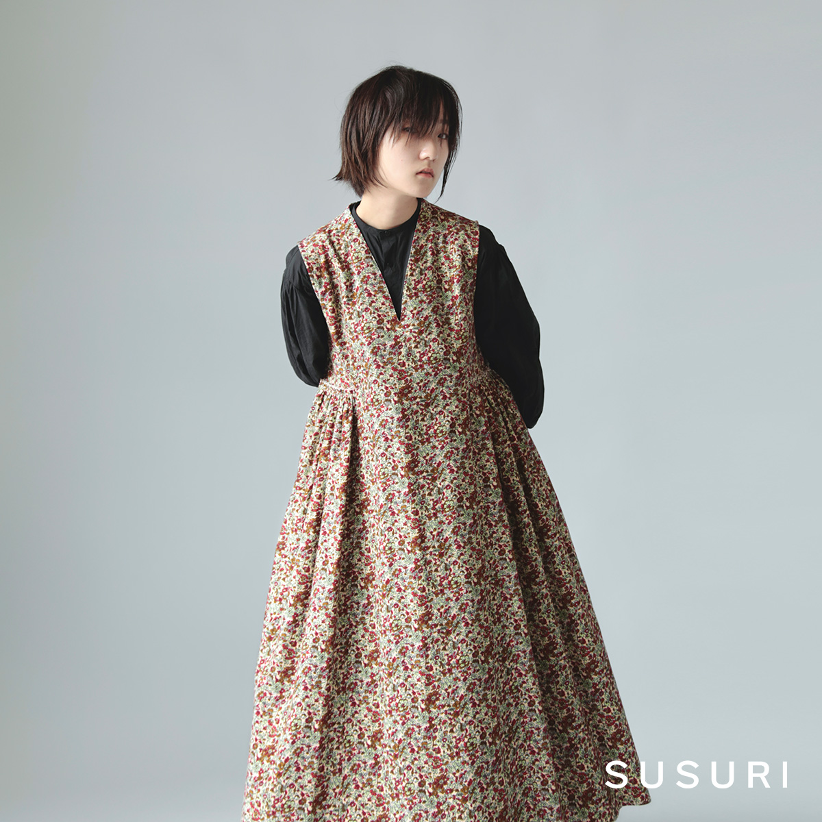 susuri(ススリ)コットン Vネック ショアライン ドレス 23-257