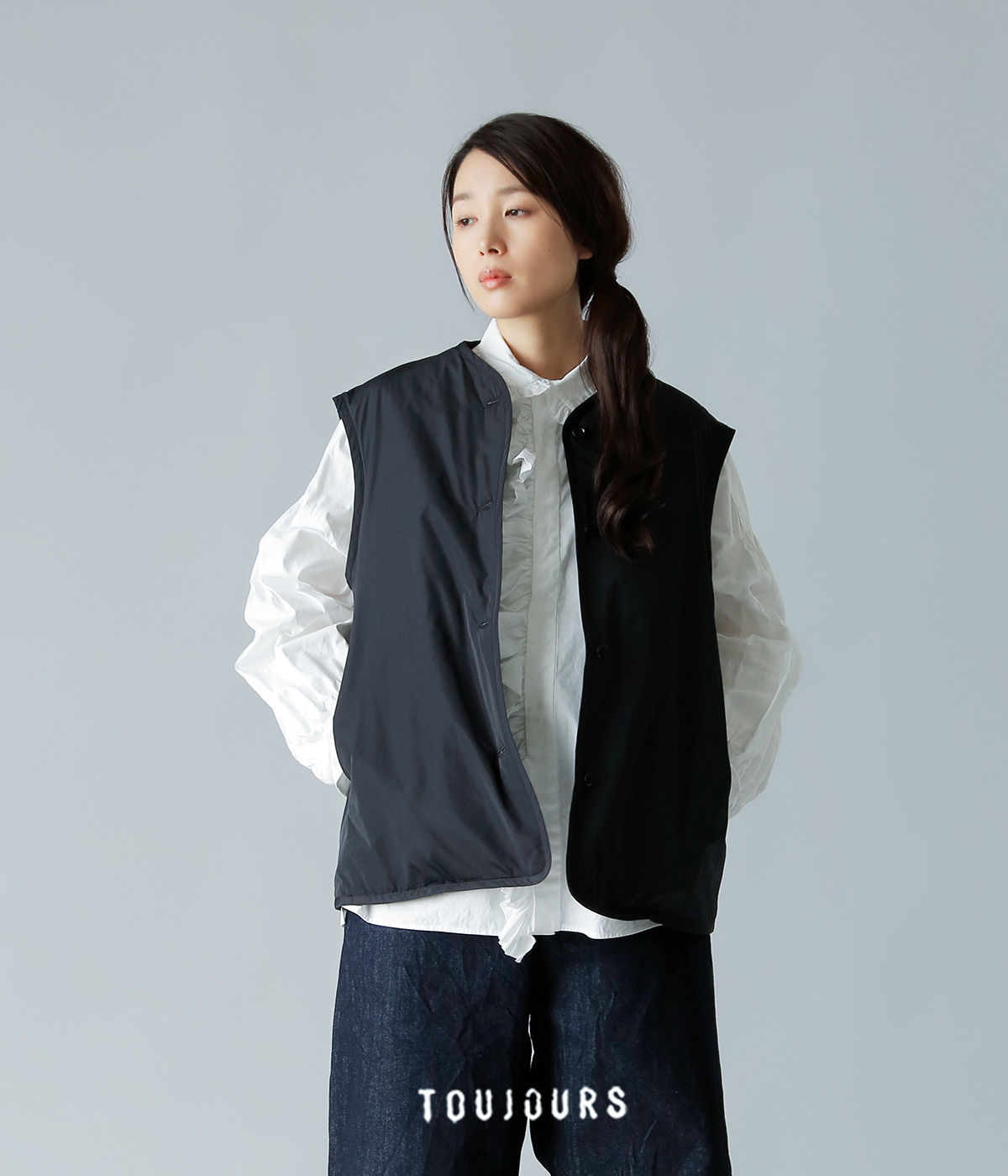 TOUJOURS ユーティリティベスト Silky PL Flower Jacquard Cloth Reversible Padded  Utility Vest