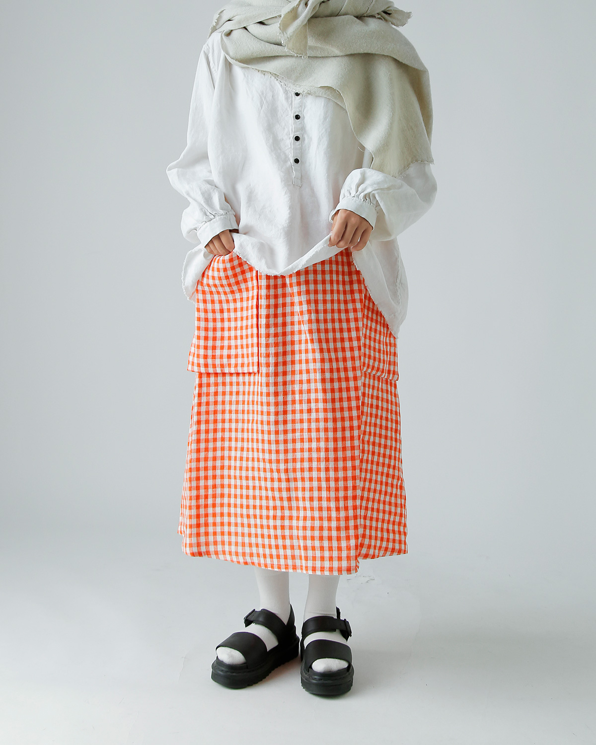 R & D.M.Co-(I[h}Ye[[)l MK`FbN |Pbg XJ[g gLINEN GINGHAM CHECK POCKET SKIRTh 7503