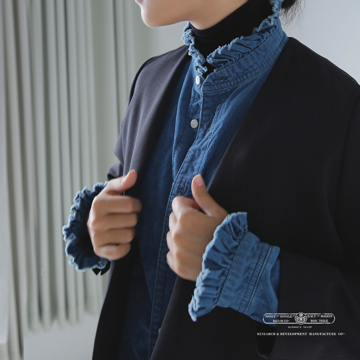 R & D.M.Co-(I[h}Ye[[)CfBS Cg R[fC tJ[ Vc gINDIGO LIGHT CORDUROY FRILL COLLAR SHIRTh 7677