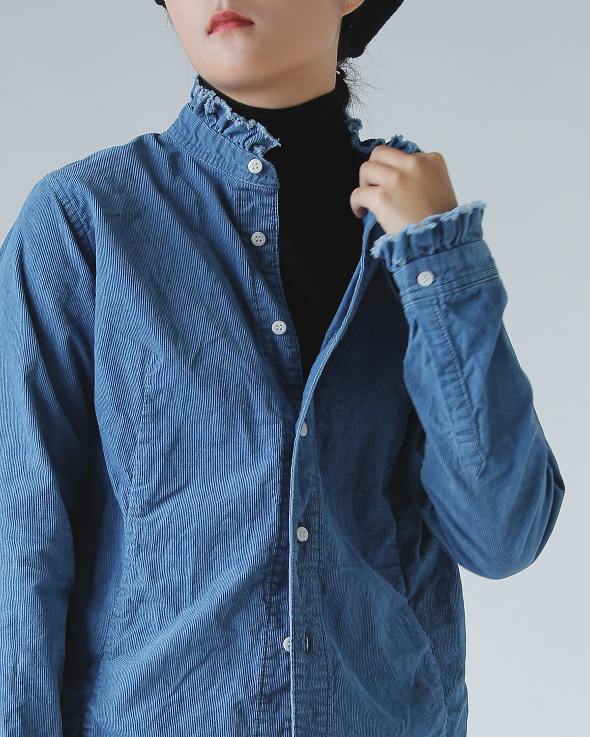 R & D.M.Co-(I[h}Ye[[)CfBS Cg R[fC tJ[ Vc gINDIGO LIGHT CORDUROY FRILL COLLAR SHIRTh 7677