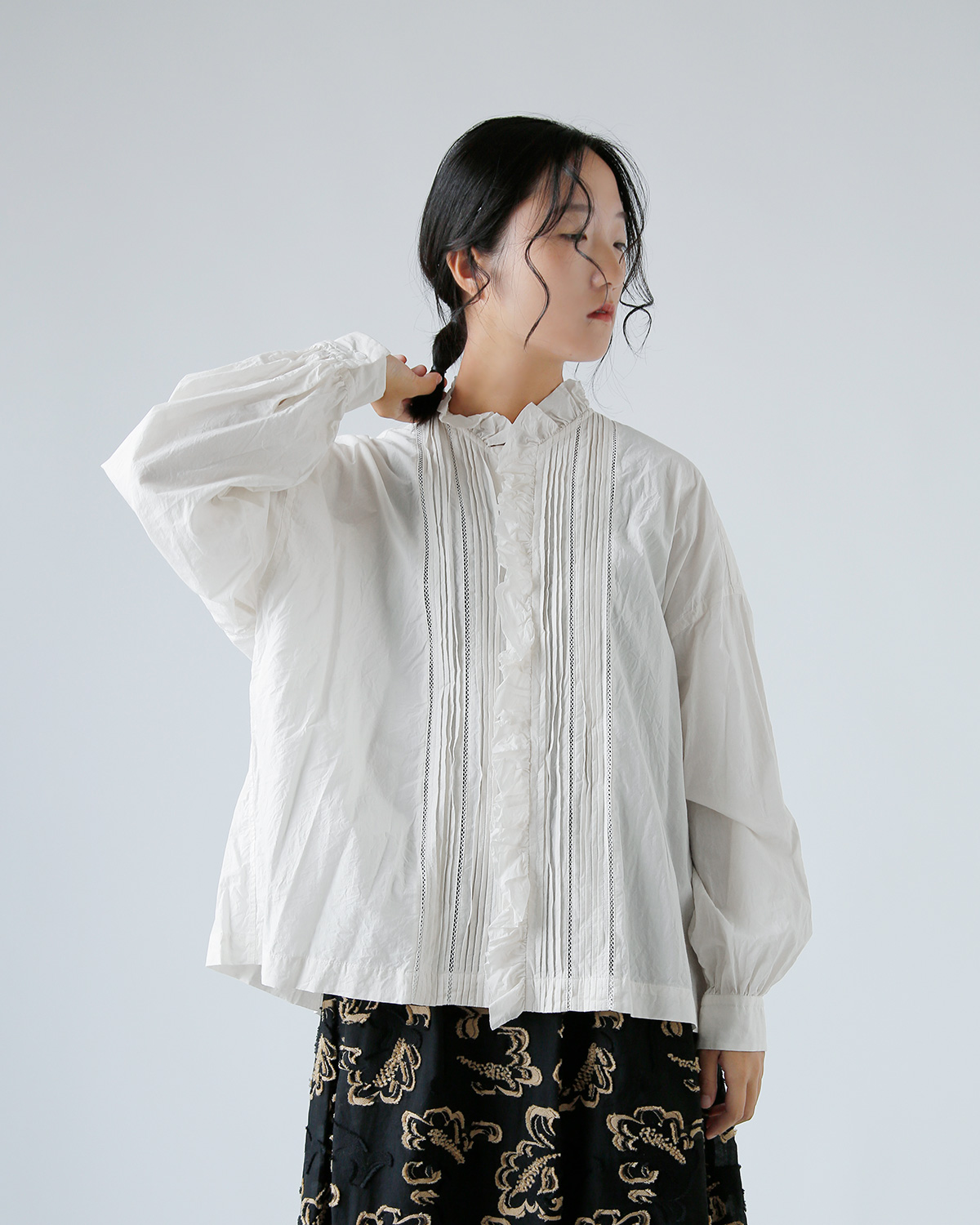 TOUJOURS(gDW[)t@C[ Rbg NX Vc gLace Pin Tuck Ruffle Shirth mm43ds01