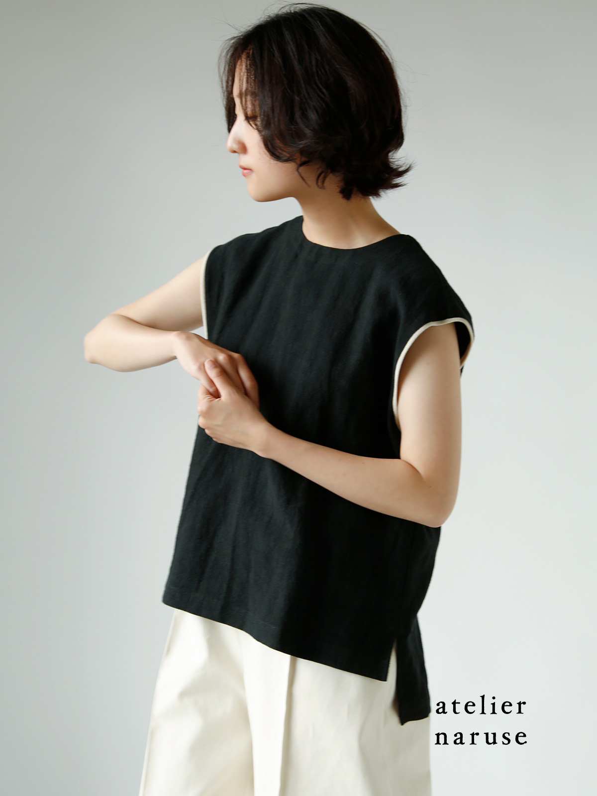 atelier naruse(アトリエナルセ)リネン ノースリーブ リブ ブラウス  