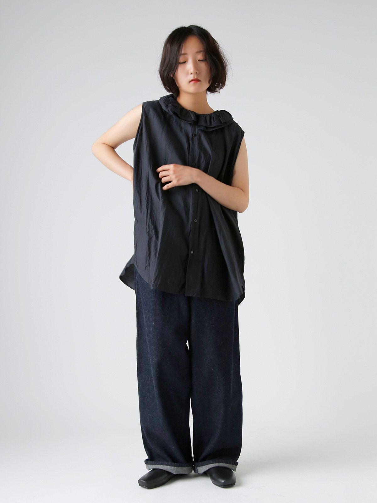 TOUJOURS(gDW[)t@C Rbg VN t@C Vc gRuffle Collar Sleeveless Shirth mm42rs02