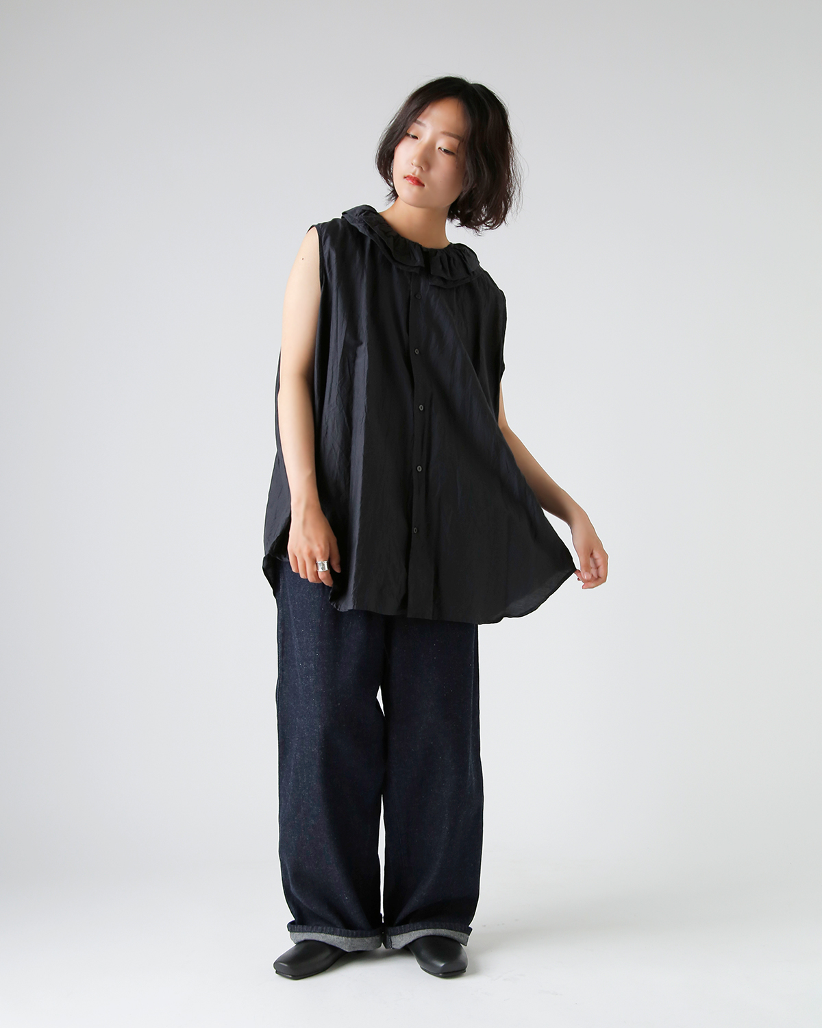 TOUJOURS(gDW[)t@C Rbg VN t@C Vc gRuffle Collar Sleeveless Shirth mm42rs02