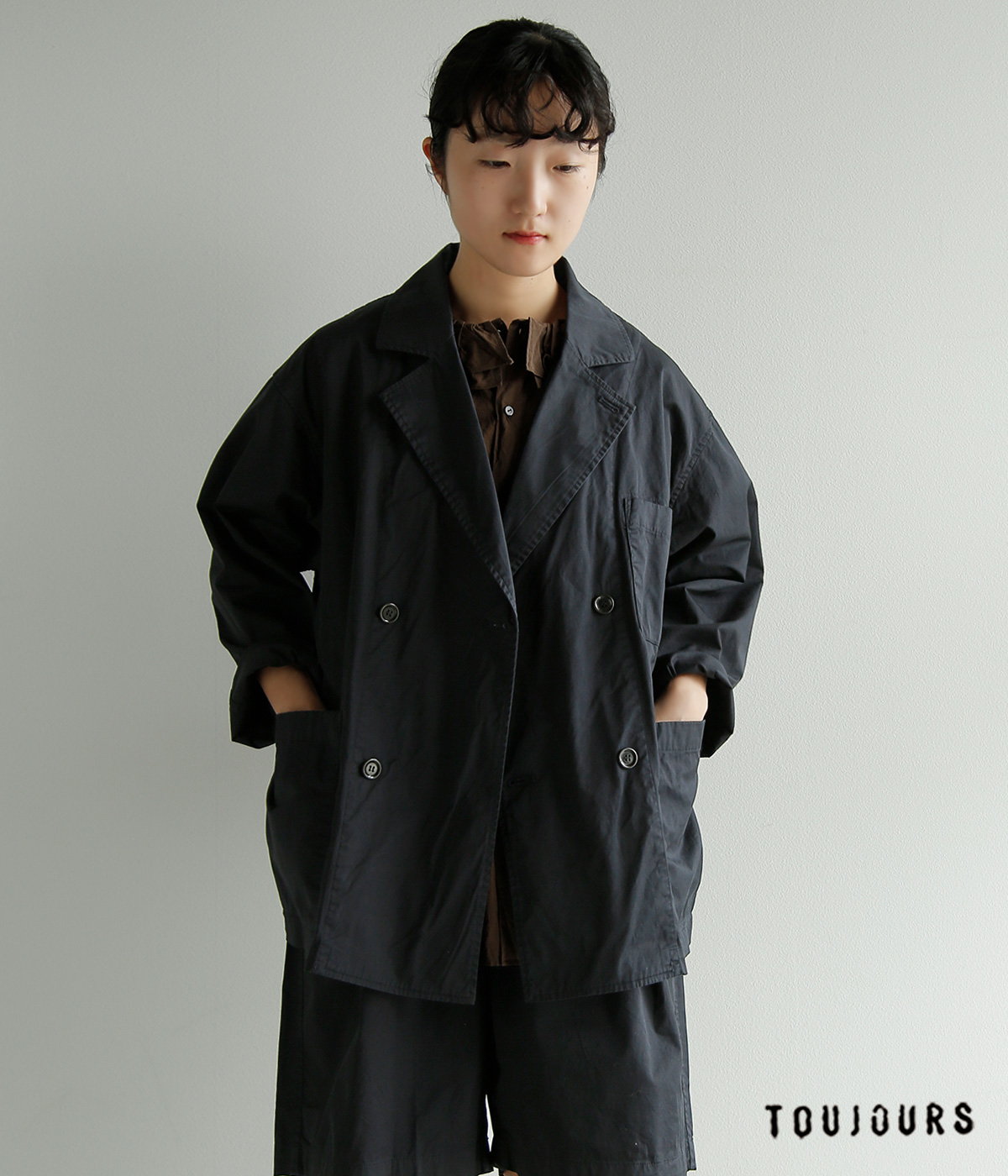 TOUJOURS(�g�D�W���[)�K�[�����g�_�C�R�b�g�� �X�g���b�`�M���o�W�� �W���P�b�g �gDouble Breasted Sack Jacket�h am44fj02