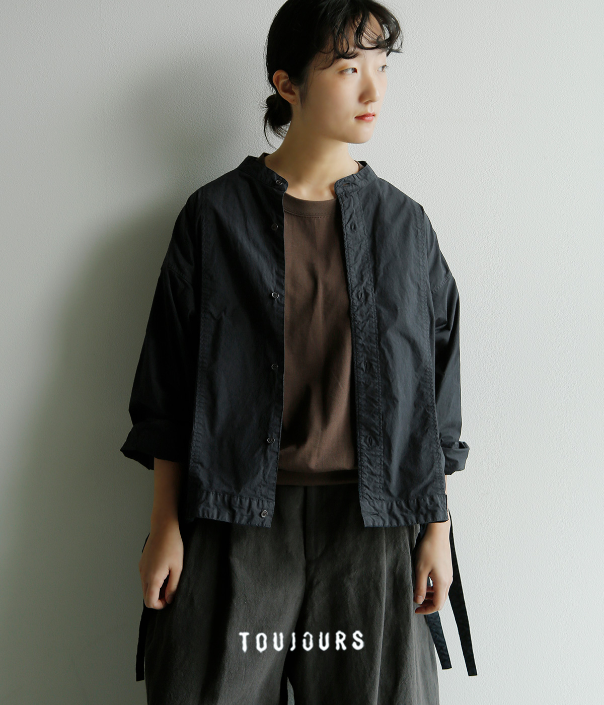 TOUJOURS(�g�D�W���[)�K�[�����g�_�C �I�[�K�j�b�N�R�b�g�� �X�g���b�`�|�v���� �V���c �gSide String Blouson Shirt�h am44rs01