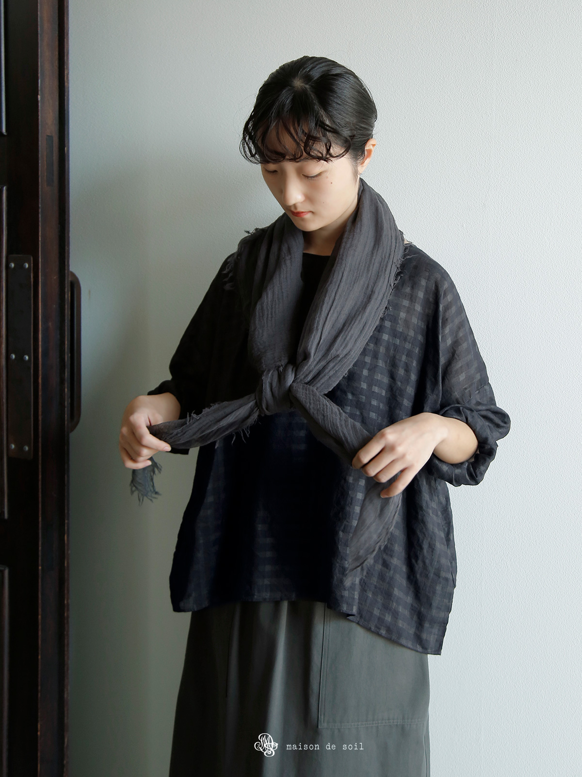 maison de soil 袖&裾レース・スモックシャツ ひいな maison de soil メゾン ド ソイル コットンシルク チェック ドロップ