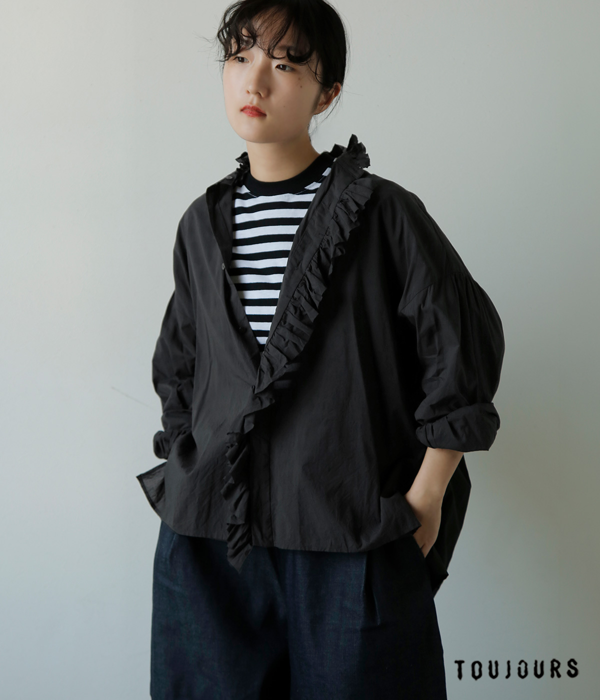 TOUJOURS(�g�D�W���[)�X�[�p�[�t�@�C���J�E���g�R�b�g�� �V���c �gBand Collar Bishop Sleeve Ruffle Shirt�h mm44ms01