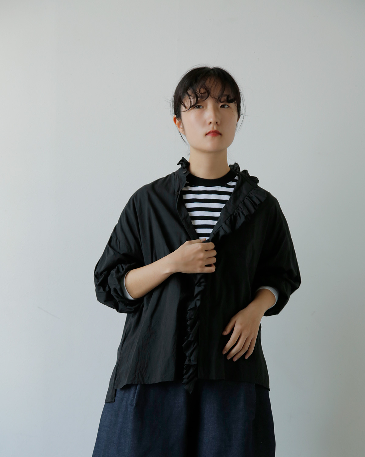 TOUJOURS(�g�D�W���[)�X�[�p�[�t�@�C���J�E���g�R�b�g�� �V���c �gBand Collar Bishop Sleeve Ruffle Shirt�h mm44ms01