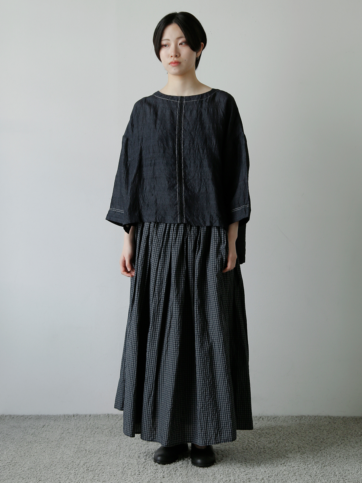 TOUJOURS(�g�D�W���[)�R�b�g���V���N �^�b�^�\�[���`�F�b�N �X�J�[�g �gRandom Pleated Maxi Skirt�h qm44gk03