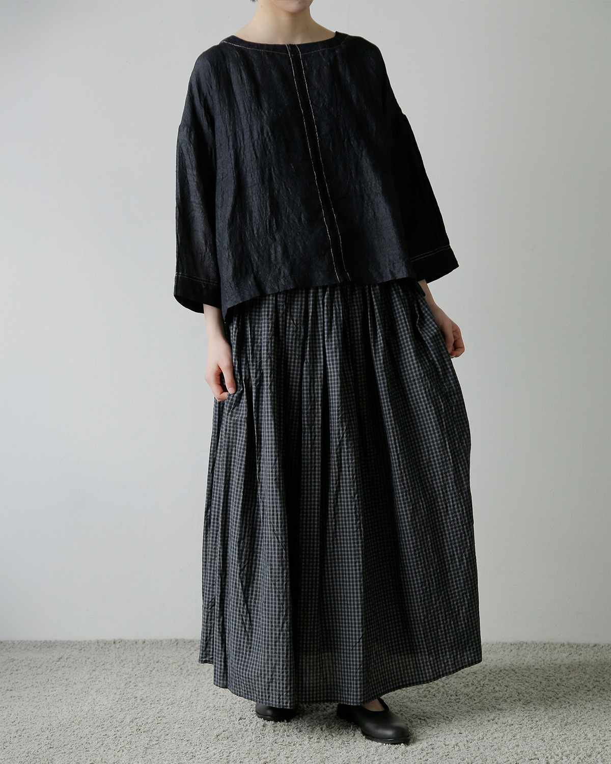 TOUJOURS(�g�D�W���[)�R�b�g���V���N �^�b�^�\�[���`�F�b�N �X�J�[�g �gRandom Pleated Maxi Skirt�h qm44gk03