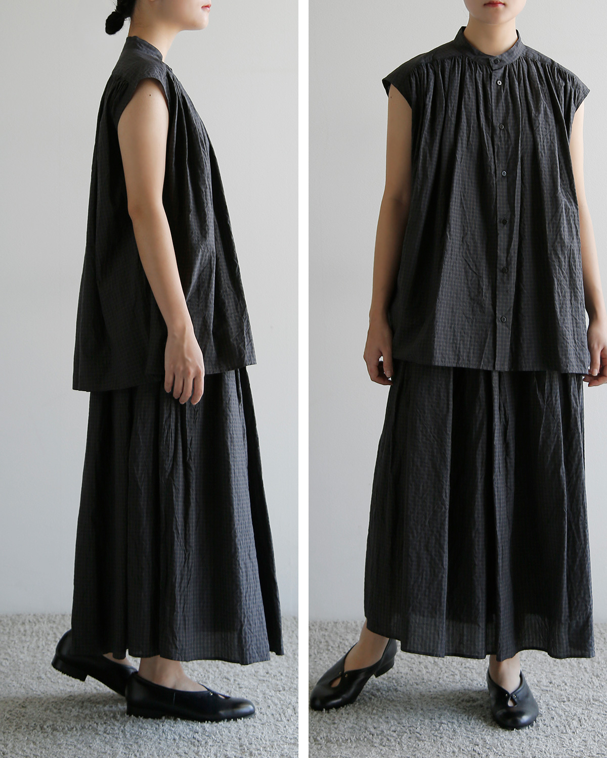 TOUJOURS(�g�D�W���[)�R�b�g���V���N �^�b�^�\�[���`�F�b�N �V���c �gPleated Sleeveless Long Shirt�h qm44gs02