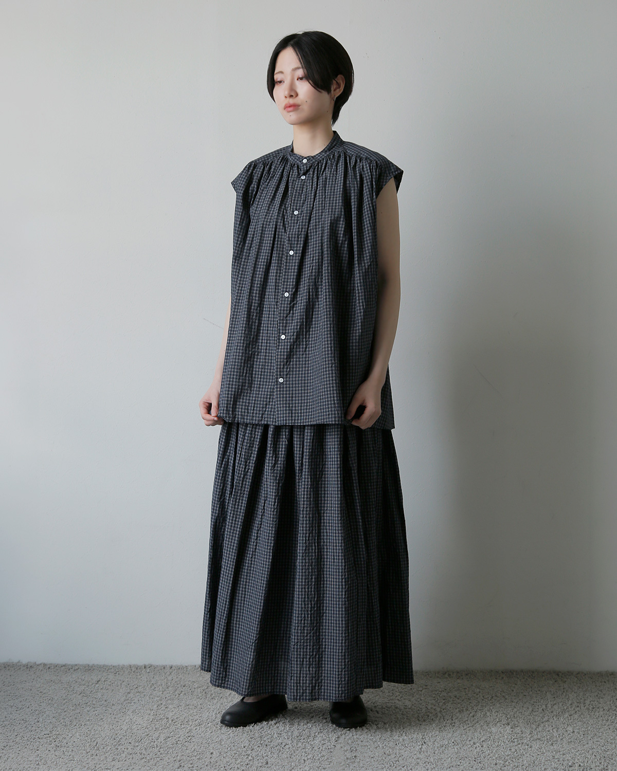 TOUJOURS(�g�D�W���[)�R�b�g���V���N �^�b�^�\�[���`�F�b�N �V���c �gPleated Sleeveless Long Shirt�h qm44gs02