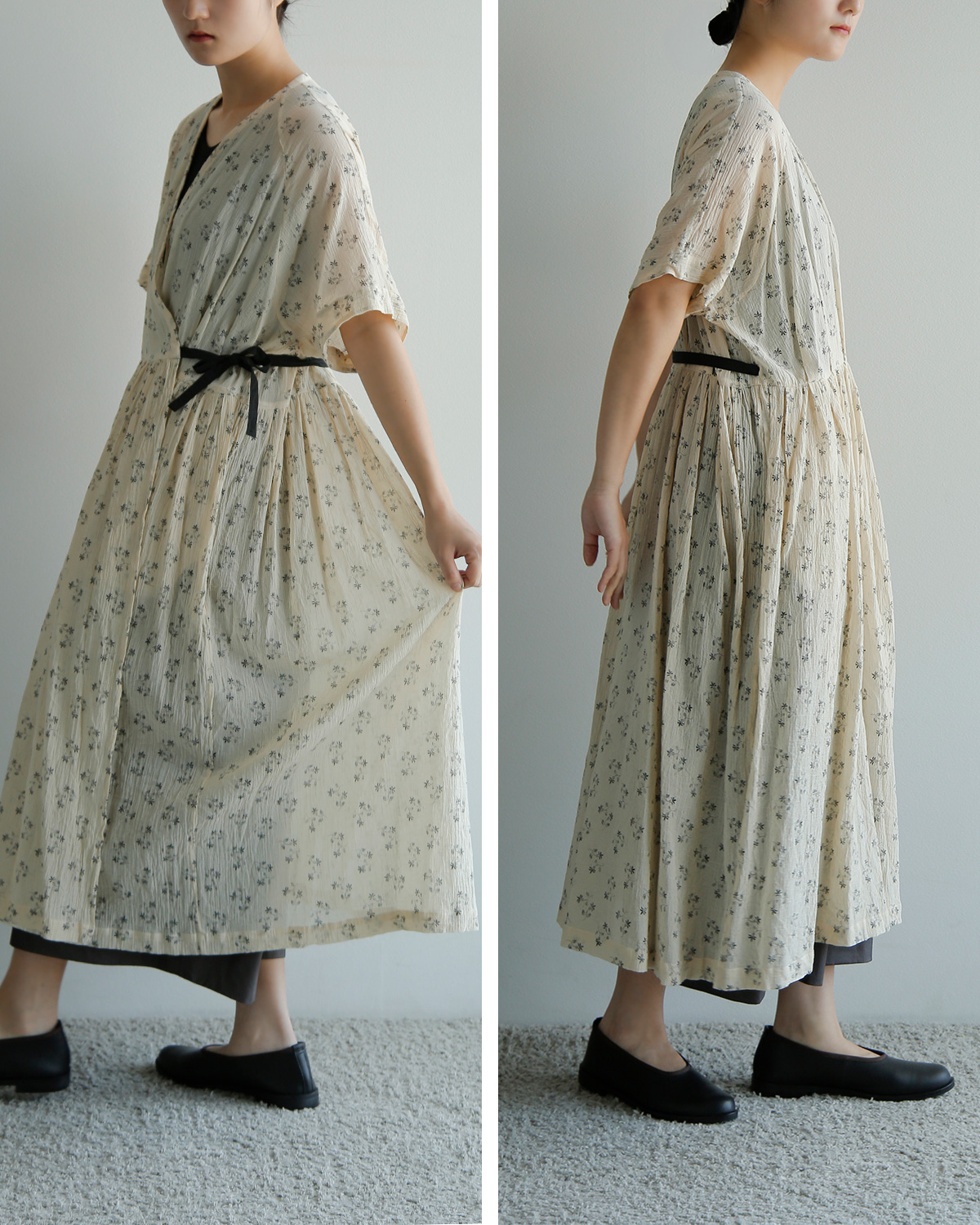 TOUJOURS(�g�D�W���[)�t�@�C���R�b�g���K�[�[ �s�O�����g�t���[�����v�����g �h���X �gHalf Sleeve Pleated Cache-coeur Dress�h tm44ld05