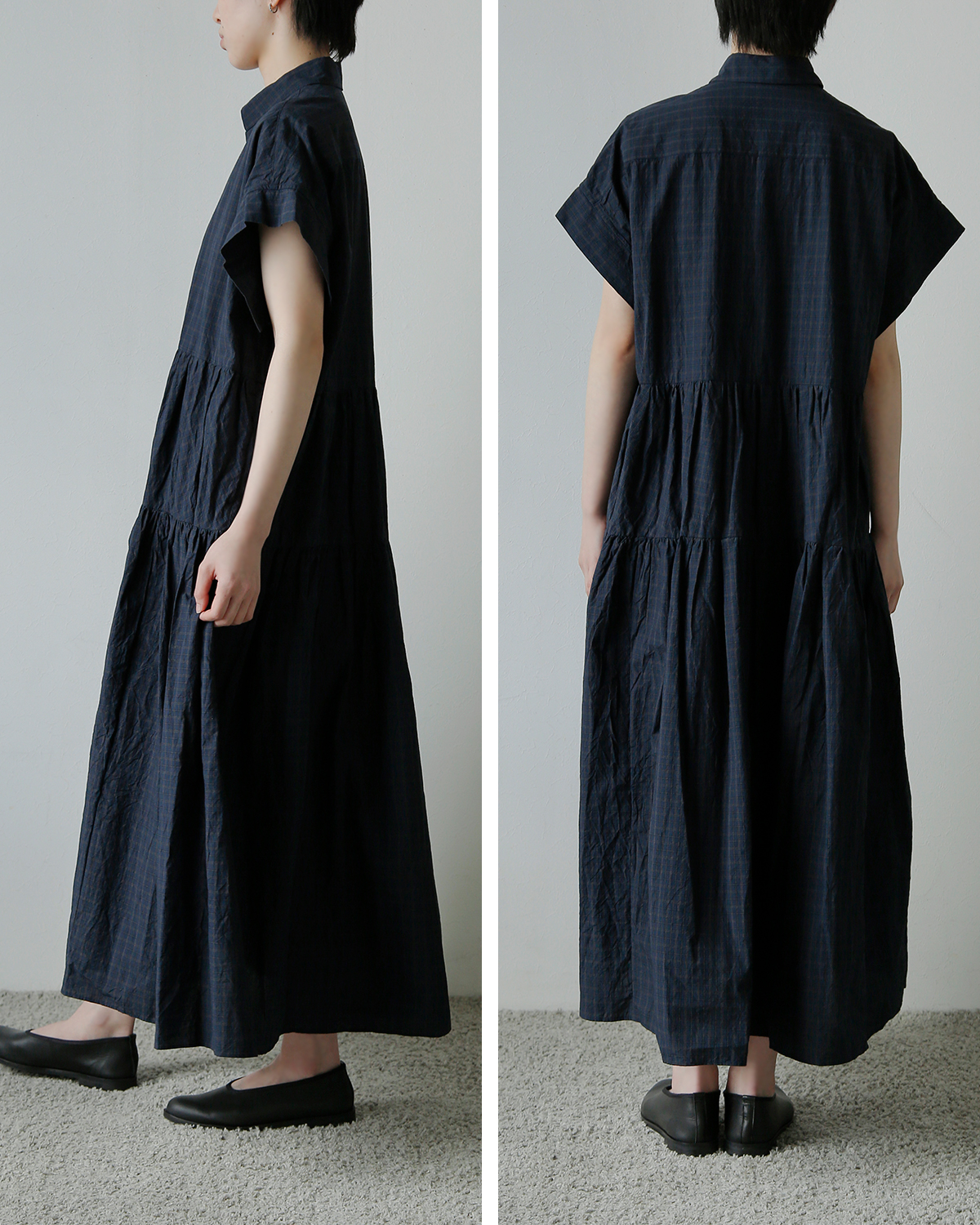 TOUJOURS(�g�D�W���[)�n�[�h�E�H�b�V���R�b�g�� �^�b�^�[�\�[���`�F�b�N �V���c�h���X �gBand Sleeve Tiered Shirt Dress�h ym44td05