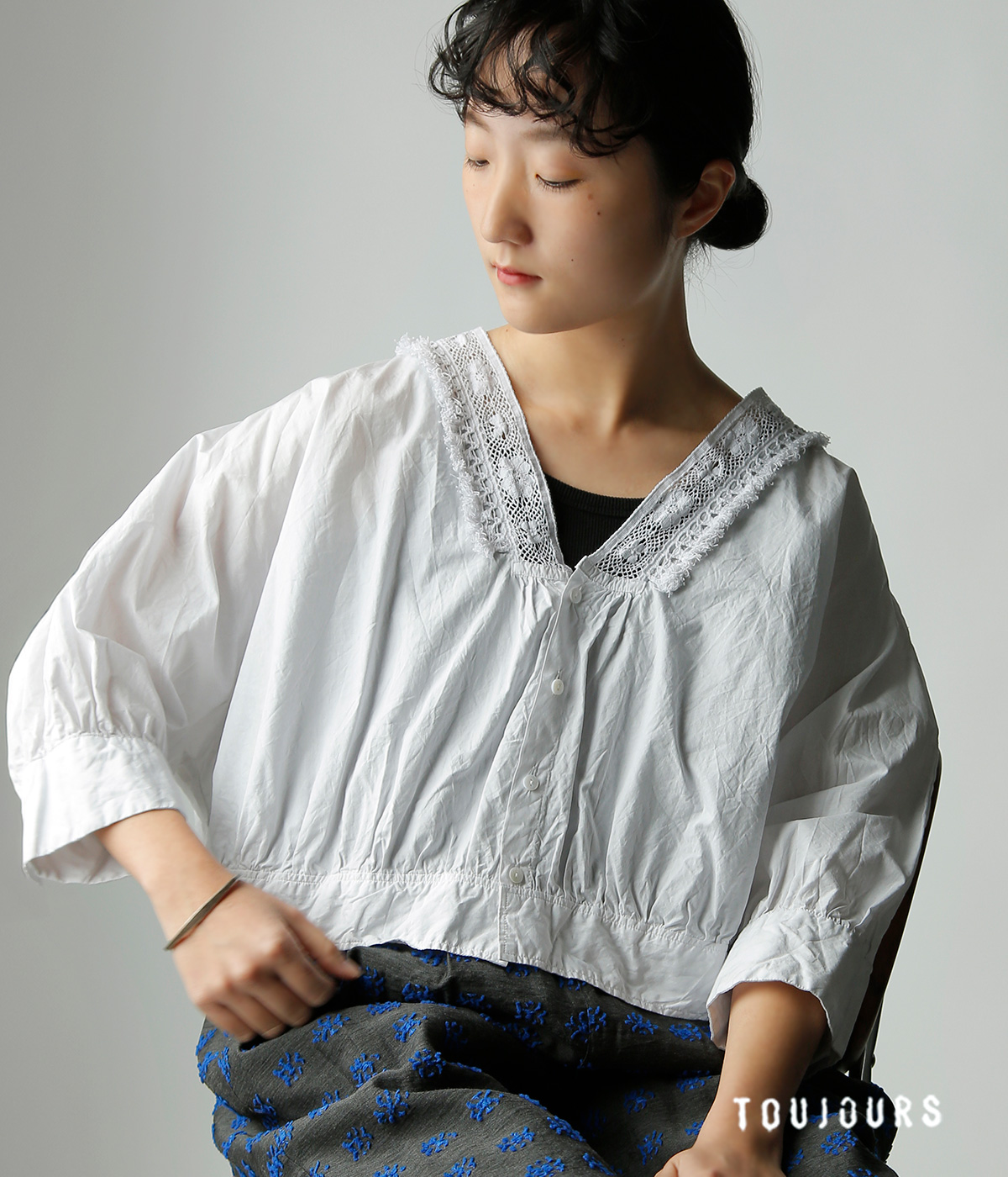 TOUJOURS(�g�D�W���[)�����N���R�b�g���y�[�p�[ �{�����V���c �gNatural Garment Dyed Fringe Lace Bolero Shirt�h ym44vs04