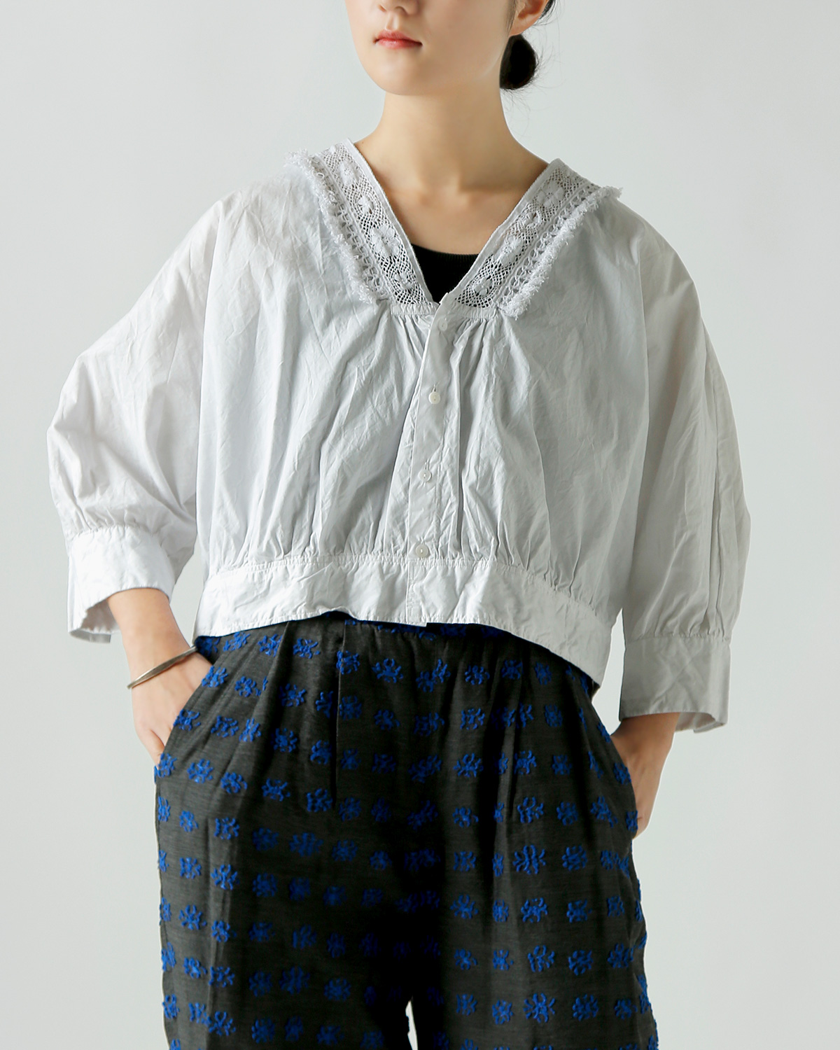 TOUJOURS(�g�D�W���[)�����N���R�b�g���y�[�p�[ �{�����V���c �gNatural Garment Dyed Fringe Lace Bolero Shirt�h ym44vs04