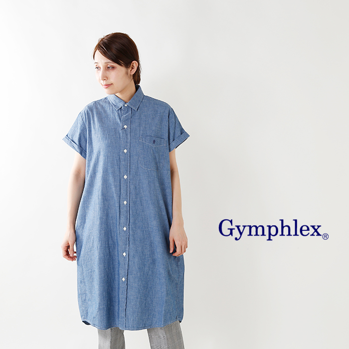 クーポン対象 Gymphlex ジムフレックス シャンブレーコットン 半袖シャツワンピース J 1098cod Tr