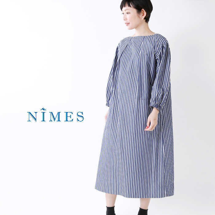 Nimes ニーム コットンストライプパフスリーブポケットワンピース Nfg Fn