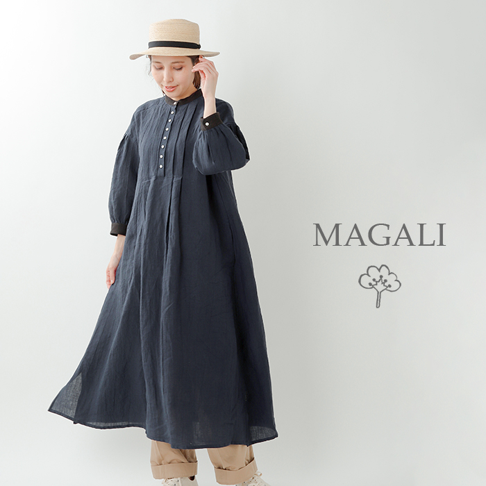 マガリ MAGALI ノーカラーコート アウター ミドル丈 ロング グレー68cm身幅