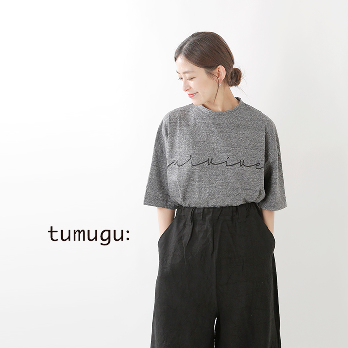 tumugu(ツムグ)コットンラフィ天竺クルーネックプリントTシャツ tc20118