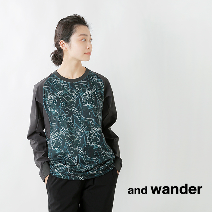 and wander(アンドワンダー)プリントフリースベースTシャツ“printed fleece bace T” 574-1254041