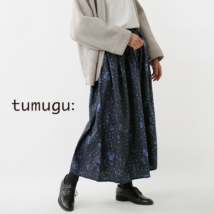tumugu(ツムグ)コットンサテンドットフラワープリントスカート tb21315