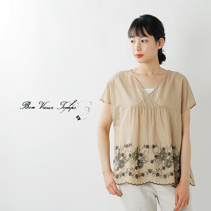 21ss新作 Bon Vieux Temps ボンビュータン コットンフラワー刺繍vネックブラウス Ma