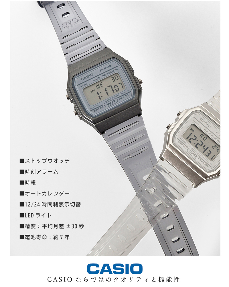 CASIO カシオ スタンダード クリアラバーベルト デジタル腕時計 f-91ws