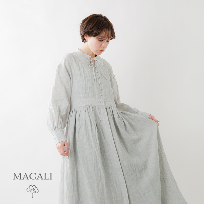 30 Off 21ss新作 Magali マガリ シャンブレーリネン比翼ギャザーワンピース Op157 Ms