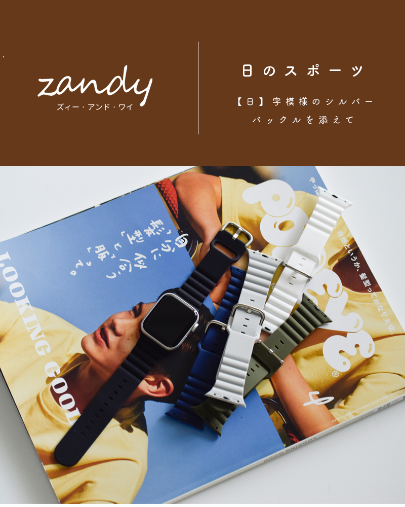 zandy(ズィー・アンド・ワイ)アップルウォッチ for ラバーベルト シルバーバックル スポーツバンド 38mm/40mm/41mm “日のスポーツ” hinosports-band