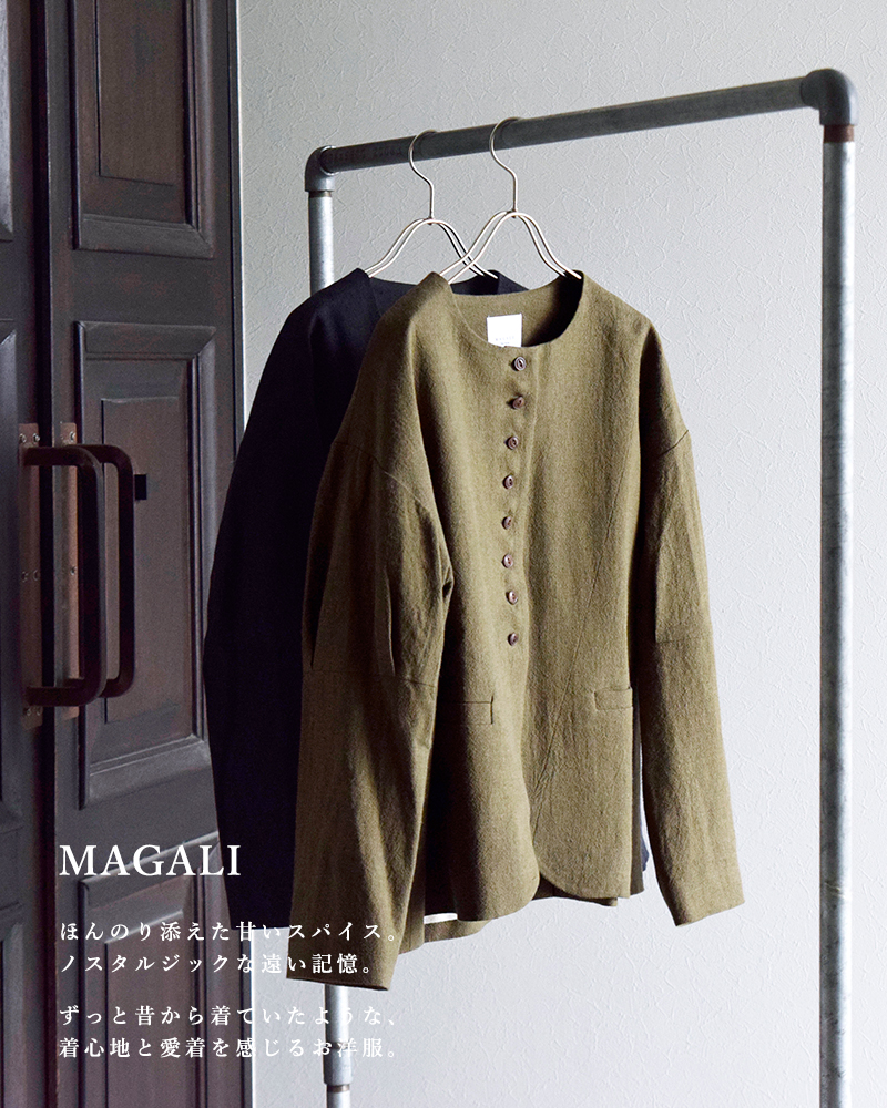 マガリ MAGALI ノーカラーコート アウター ミドル丈 ロング グレー68cm身幅