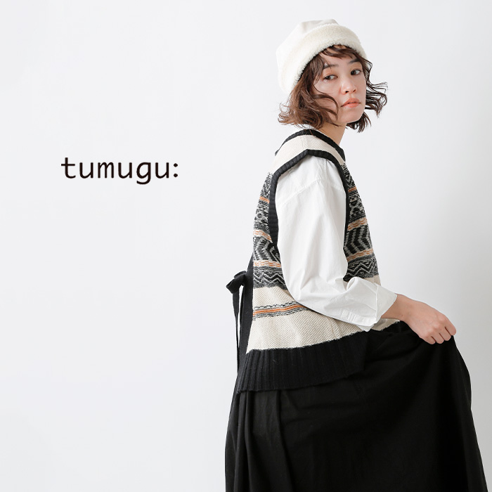 tumugu(ツムグ)ラムウール 総柄ジャガード 後リボン ベスト tk22317