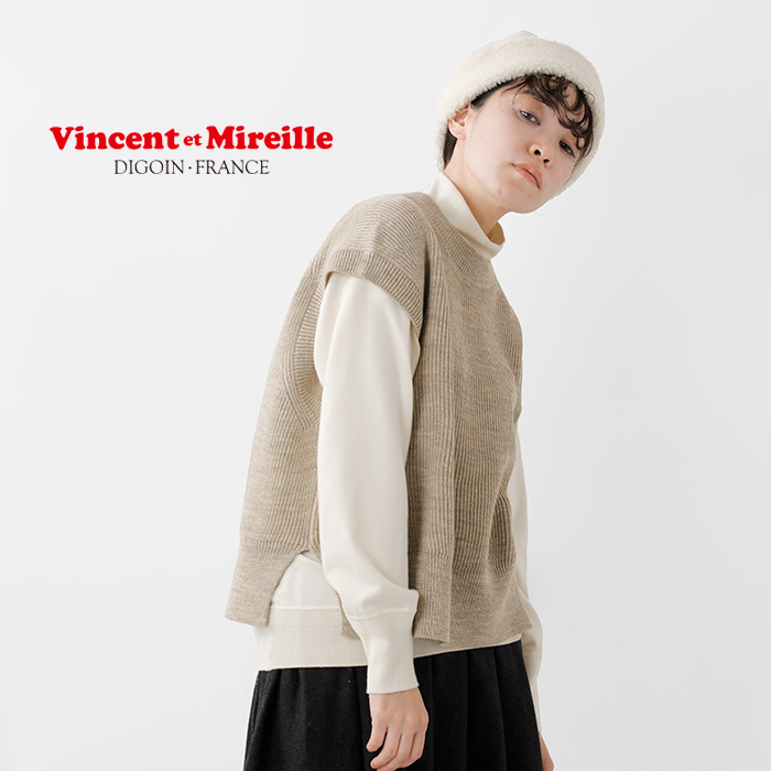 Vincent et Mireille(ヴァンソン エ ミレイユ)8GG 畔編み 梳毛 ウール ルーズ ニット ベスト vm222wa13122