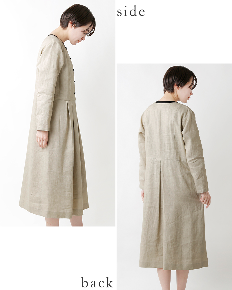 22ss新作 Le Minor ルミノア 40 リネンビックライズノーカラーロングスリーブワンピース El118 Mn