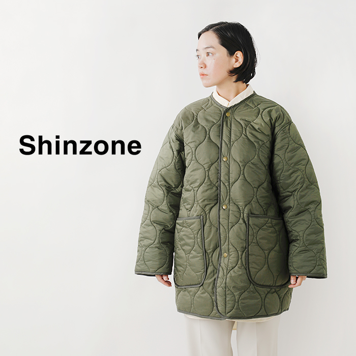 shinzoneノーカラーキルティングコートカーキ