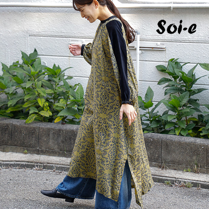 ☆】【40%OFF】soi-e ソア 総柄 スタンドカラー 別珍使い ワンピース