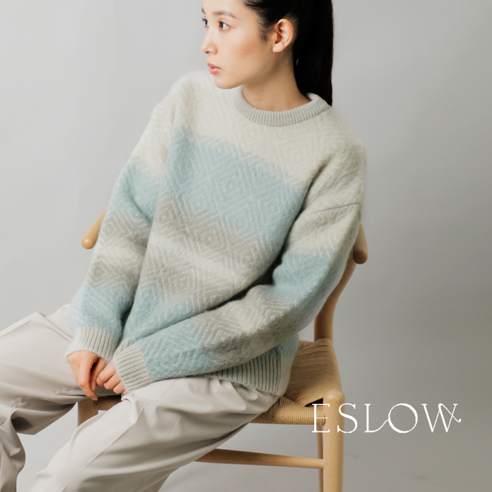 ☆】【30%OFF】ESLOW エスロー ファーヤーン グラデーション クルー