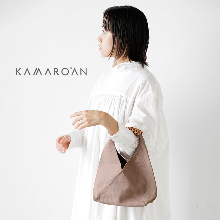 【2023aw新作】Kamaro'an カマロアン , レザーハンドル トライアングル キャンバス ハンドバッグ “Woven Triangle  Bag 36” ka23aw011-tr レディース