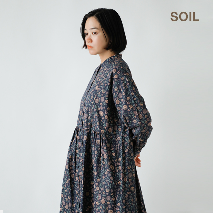 ☆】SOIL ソイル 40sポプリン フラワー プリント バンドカラー ドレス