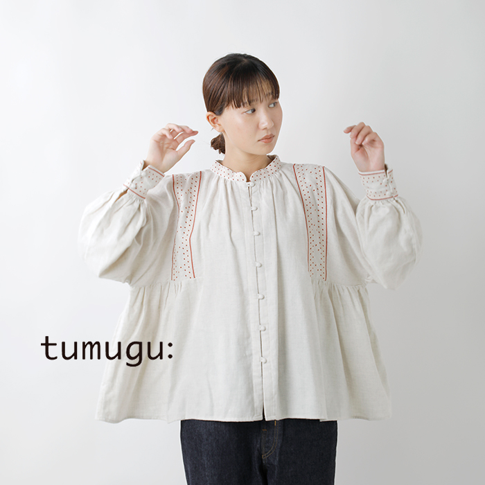 【2023aw新作】tumugu ツムグ , コットン ビエラトップ 起毛 刺繍 2way ブラウス tb23309-tr レディース