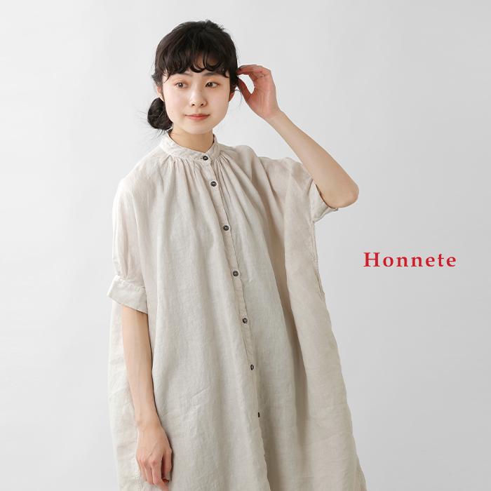 Honnete オネット／アイリッシュリネンギャザーワンピース