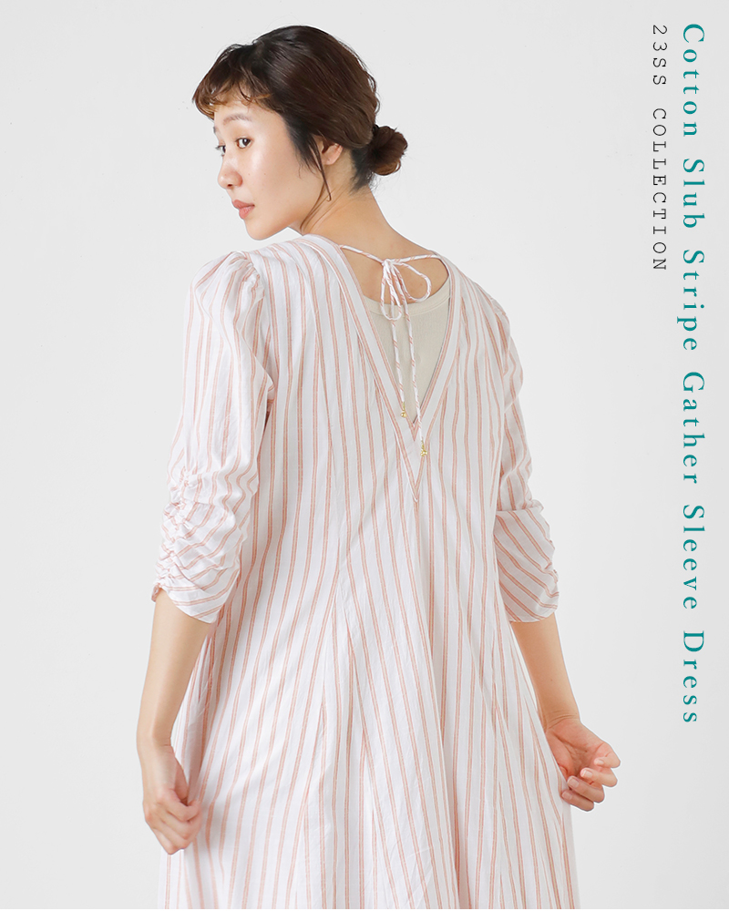 ne Quittez pas(ヌキテパ)コットンスラブストライプギャザースリーブドレス“CottonSlubStripeGatherSleeveDress”010441bl4