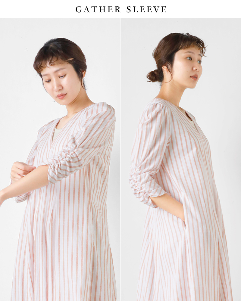 ne Quittez pas(ヌキテパ)コットンスラブストライプギャザースリーブドレス“CottonSlubStripeGatherSleeveDress”010441bl4