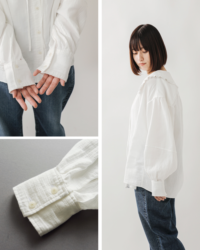 Shinzone(シンゾーン)オーガニックコットンビッグカラーギャザーブラウス“ORGANICCOTTONGAUZE/DENIMBLOUSE”24amsbl01-02